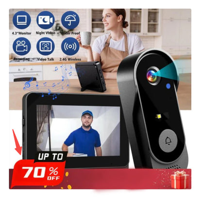 Drahtlose Türklingel-Kamera: 1080P, 170°-Winkel, 4,3-Zoll-Bildschirm, IPX65-Outdoor-Wasserdichtigkeit, Nachtsicht