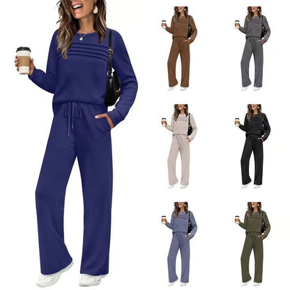 🔥 Letzter Tag: 50% Rabatt! ✨ Damen 2-teiliges Lounge-Set – Bequemes Rundhals-Top & Hose mit Kordelzug