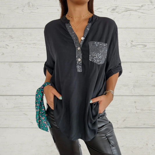 🌸Was tragen Sie morgen?🌸V-Ausschnitt Shirt mit Pailletten und Patchwork für Frauen