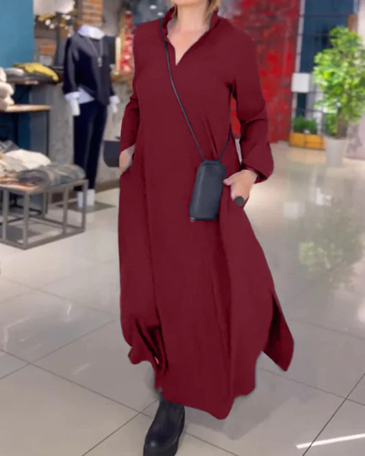 Was soll ich morgen anziehen?❤Langärmeliges Kleid mit V-Ausschnitt in Uni-Farbe