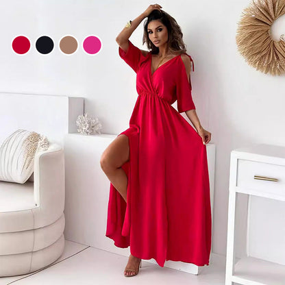 Was soll ich morgen anziehen?💯Elegantes, sexy Kleid mit V-Ausschnitt und Seitenschlitz für Damen
