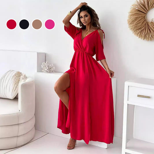 Was soll ich morgen anziehen?💯Elegantes, sexy Kleid mit V-Ausschnitt und Seitenschlitz für Damen