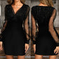 Was soll ich morgen anziehen?❤Damen Pailletten Kleid im Wickelschnitt mit Mesh Langärmeln