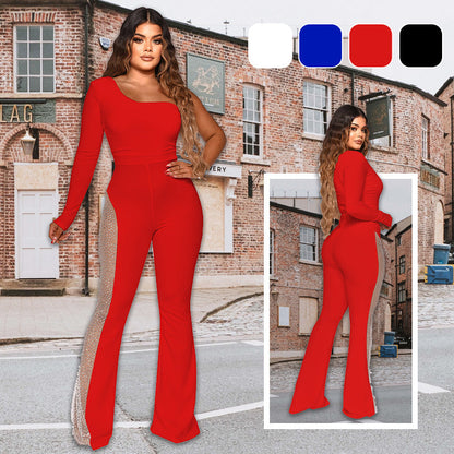 Sexy Off-Shoulder Bodycon Rhinestone Leg Jumpsuit