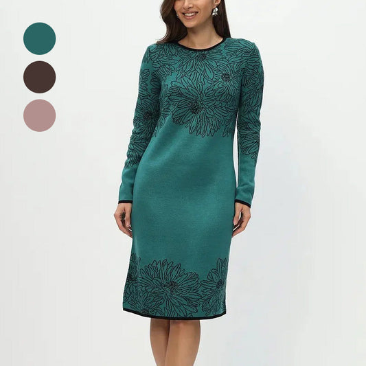 ❣️Was soll ich morgen anziehen?✨Bedrucktes gerades Langarmkleid mit Rundhalsausschnitt