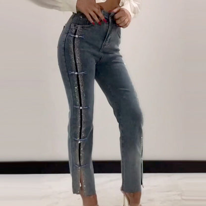 👖Was soll ich morgen anziehen?✨Damen Jeans mit glänzenden Strasssteinen und schickem Schlitz✨
