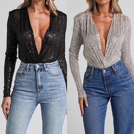 🔥Was soll ich morgen anziehen?🔥Damen eleganter Pailletten-Bodysuit mit tiefem V-Ausschnitt