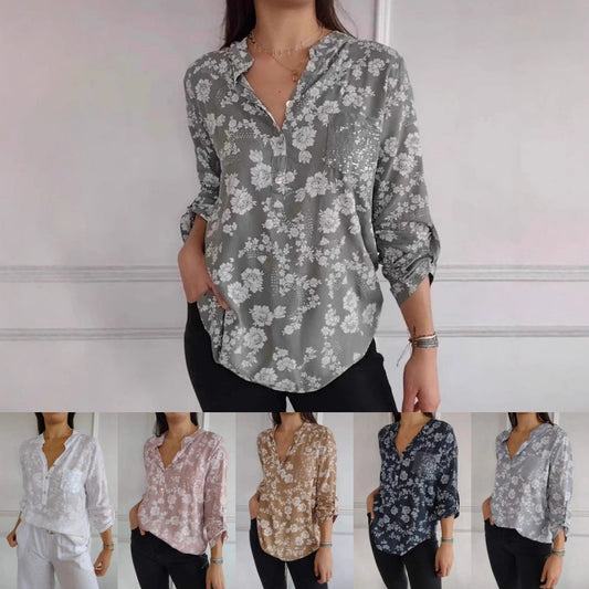 🔥Was soll ich morgen anziehen?🔥Langärmlige Bluse mit Blumenmuster und Paillettentasche für Damen