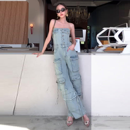 🎉Valentinstag 🎀Damen Retro Denim Trägerloser Cargo Jumpsuit