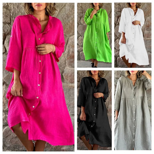 Was tragen Sie morgen?🌸Lockeres Hemdkleid aus Baumwolle und Leinen