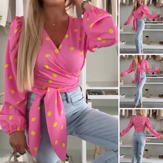 💕Was soll ich morgen anziehen?💕Damen-Top mit Bindegürtel und Puffärmeln in lebendigen Farben