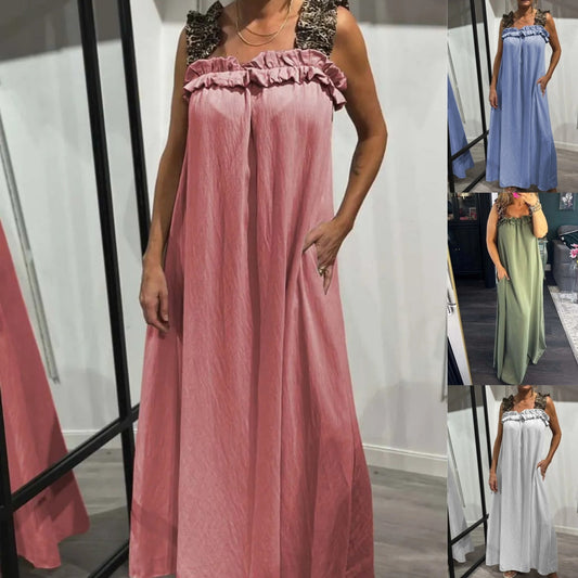 Was soll ich morgen anziehen?💕Lässiges ärmelloses Damen-Maxikleid mit Taschen