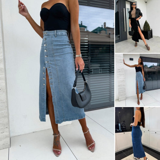 Was soll ich morgen anziehen?❤Stilvoller Bodycon-Rock aus Denim mit Knopfverschluss