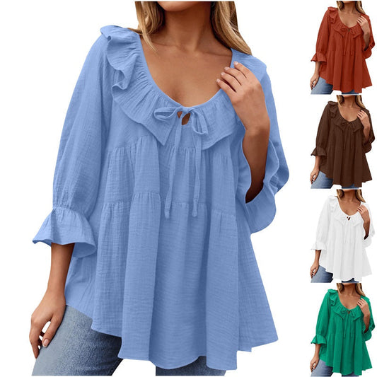 🔥Was soll ich morgen anziehen?🔥Damen-Hemden mit 3/4-Ärmeln, Bindeband vorne und Rüschen