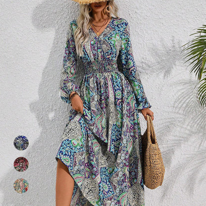 V-hals Maxi Jurk mit Lange Mouwen und Drucken