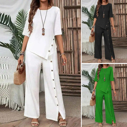 Asymmetrisches Top mit weiter Hose – Zweiteiliges Damen-Outfit für Beruf und Freizeit