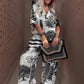✨👑Damen-Set mit Print: Top mit V-Ausschnitt & lange Hose