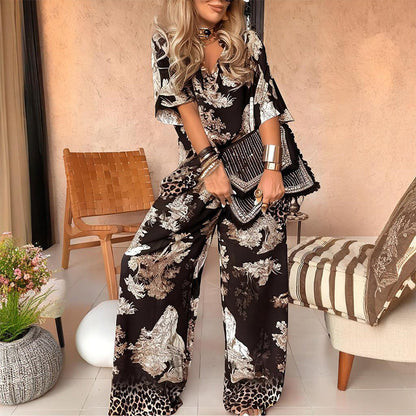 ✨👑Damen-Set mit Print: Top mit V-Ausschnitt & lange Hose