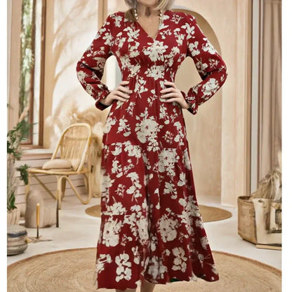 🌸Maxikleid mit V-Ausschnitt und Taille, floralem Charme in voller Blüte und langen Ärmeln, die Ihren Stil elegant unterstreichen!👗