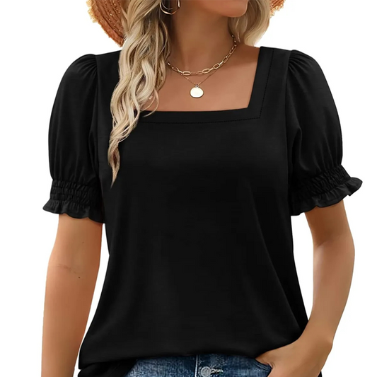 Lässiges Damen-T-Shirt mit quadratischem Ausschnitt und gesmokten Ärmeln