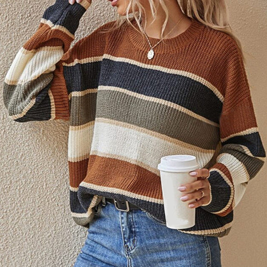 Was soll ich morgen tragen?💕Women's Loose Striped Long-Sleeve Sweater