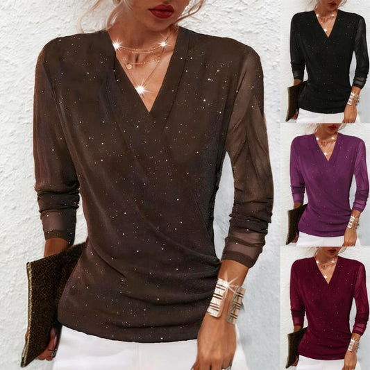 🔥Heta erbjudanden - Damtopp med glitter och crossover-krage och långärmad design