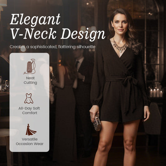 Damen-Jumpsuitkleid mit langen Ärmeln, V-Ausschnitt und Bindegürtel