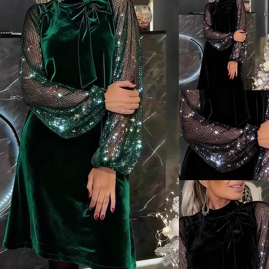 🔥Damen Paillettenkleid mit Schleife am Kragen