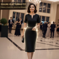 Klassisches schwarzes, glitzerndes Kurzarmkleid mit V-Ausschnitt