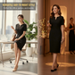 Klassisches schwarzes, glitzerndes Kurzarmkleid mit V-Ausschnitt
