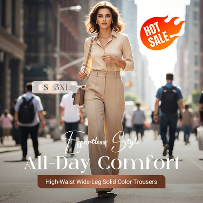 Damen-Hose mit hohem Bund, weitem Bein und einfarbigem Bein