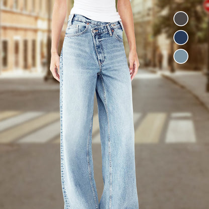 Damen-Jeans mit unregelmäßigem Schnitt, hohem Bund und Knopfleiste