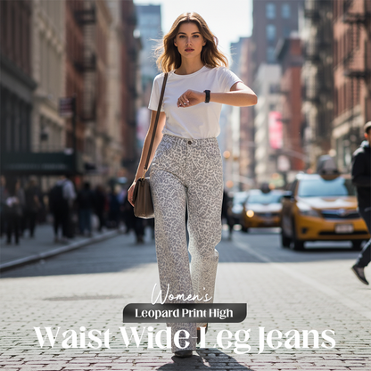 Women's Leopard Print High-Waist Wide-Leg Jeans