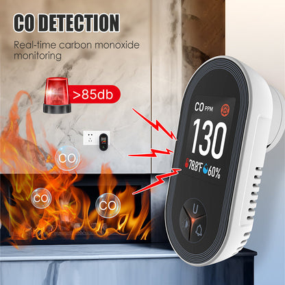4-in-1-Display mit Temperatur- und Feuchtigkeitssensoren, Dualsensoren und Warnmeldungen zur Luftsicherheit.