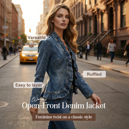 Damen-Jeansjacke mit Rüschenbesatz – Offene Form – Leicht & Feminin – Vielseitig & Chic