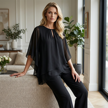Festliches Chiffon-Set: Figurschmeichelnder Zweiteiler im Lagen-Look mit weiter Hose