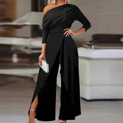 Women's Elegant One-Shoulder Jumpsuit – Wide-Leg Flow, Wrap Skirt Detail & Premium Breathable Fabric