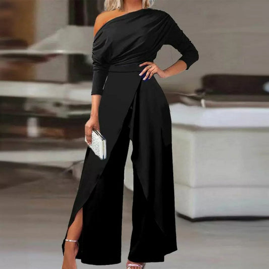 Women's Elegant One-Shoulder Jumpsuit – Wide-Leg Flow, Wrap Skirt Detail & Premium Breathable Fabric