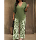Damen Zweiteiler – elegante V-Neck Bluse + weite Print-Hose