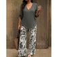 Damen Zweiteiler – elegante V-Neck Bluse + weite Print-Hose
