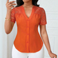 Women's V-Neck Lace Sleeve Button Down Summer Blouse