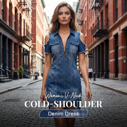 ✨ Damen-Jeanskleid mit freien Schultern – V-Ausschnitt, fließend, Boho-Stil