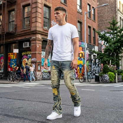 👖Klassische Stretch-Jeans mit ausgestelltem Bein für Herren – Vintage-Wash & Patchwork
