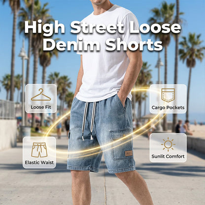 Men's Loose Denim Shorts – Cargo Pockets, Drawstring, High Street Style 🏙️