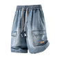Men's Loose Denim Shorts – Cargo Pockets, Drawstring, High Street Style 🏙️