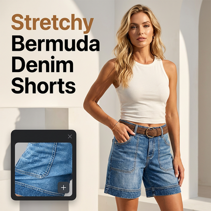Bermuda-Jeansshorts für Damen mit mittlerer Leibhöhe und Taschen