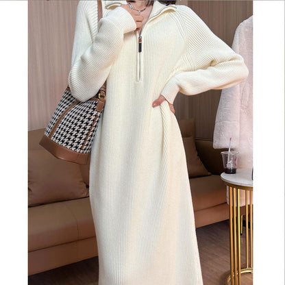 [Geschenk für Frauen] Lässiges Strickpulloverkleid mit halbem Reißverschluss und langen Ärmeln für Damen (30 % RABATT)