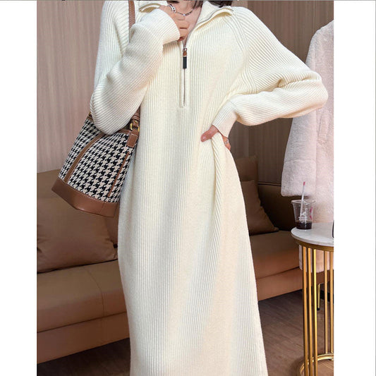 [Geschenk für Frauen] Lässiges Strickpulloverkleid mit halbem Reißverschluss und langen Ärmeln für Damen (30 % RABATT)